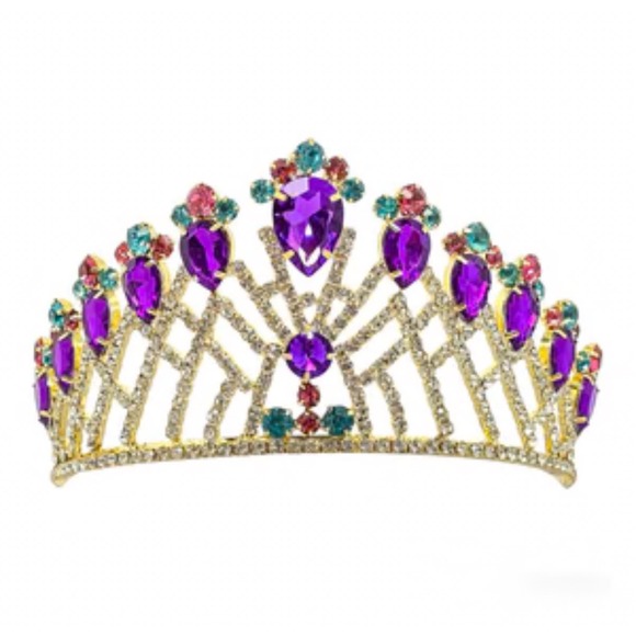 Accessories - Tiara Crown Metal Women Gold Purple Teal Rhinestone Pageant‎ Regal Birthday NOLA